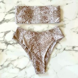Tan and white snake print bikini bathing suit